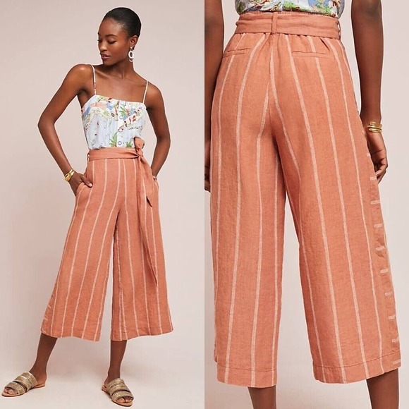 Anthropologie Pants - Anthropologie Linen Pants Women Size XS Portia Wide Leg Crop Pockets Tie Waist